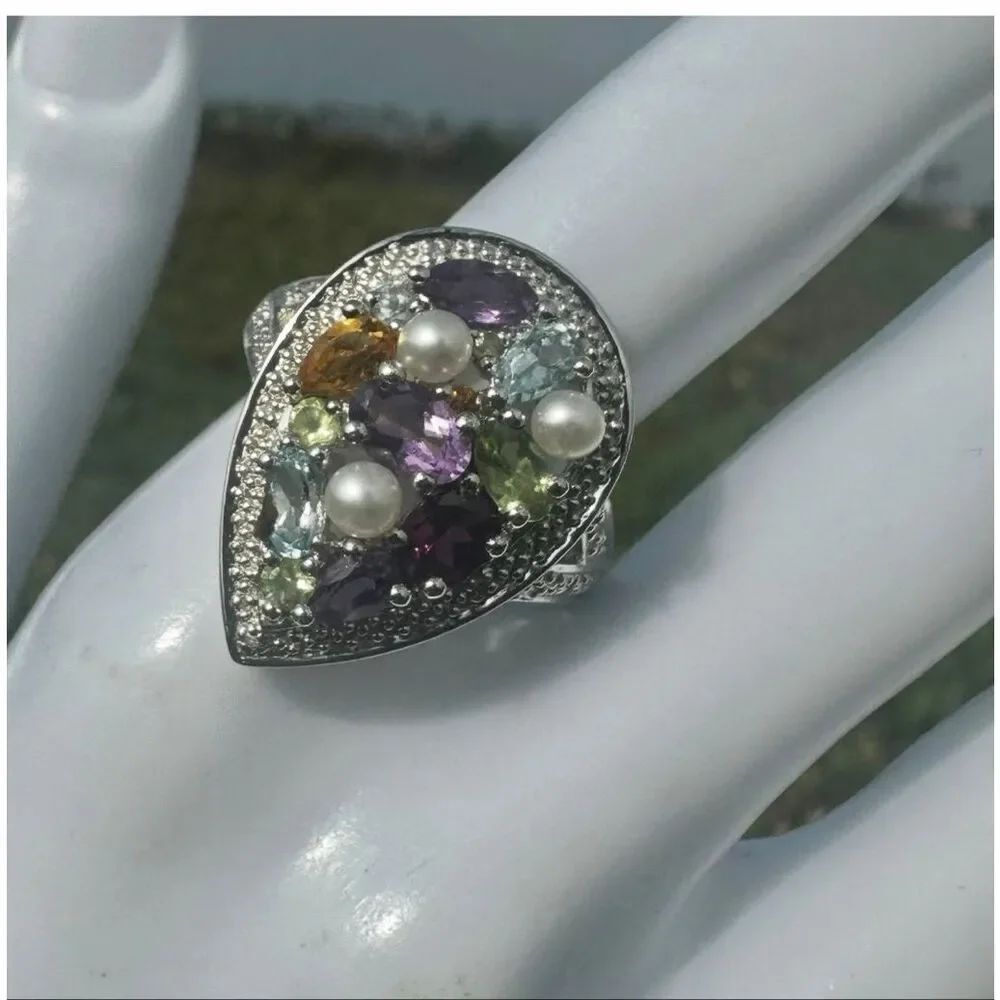 Ross-Simons Sterling Silver Multi Gemstone Pearl Teardrop Cluster Ring